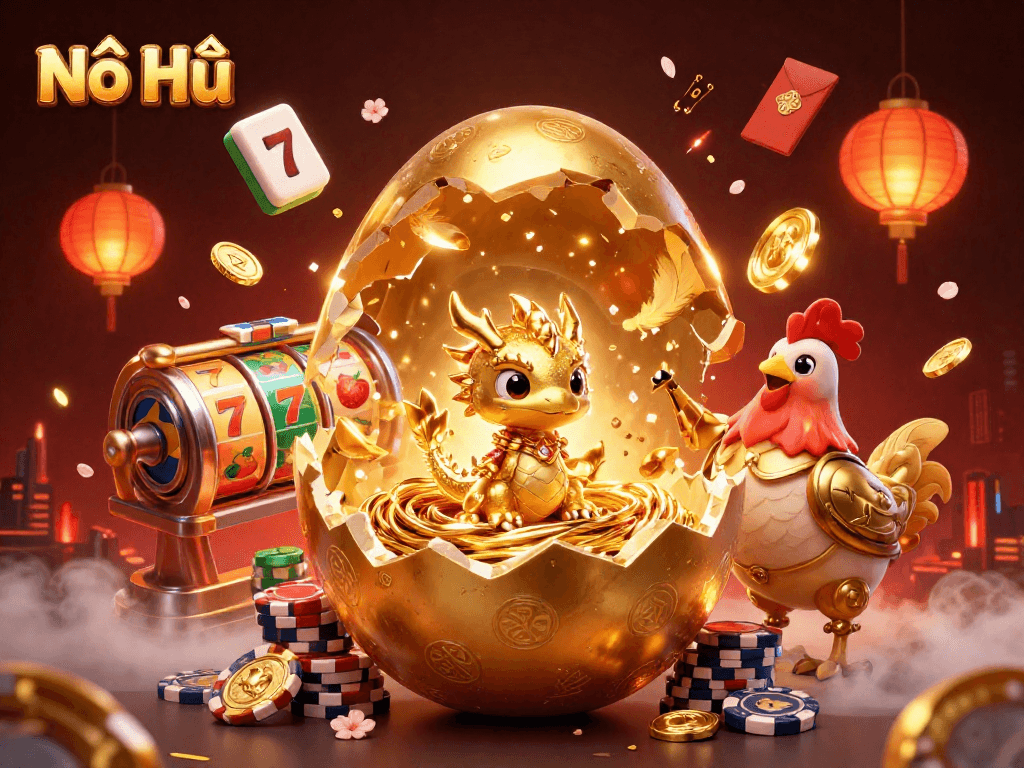 Nổ Hũ introduces a captivating casino scene featuring a golden dragon, poker chips, and vibrant slot reels.