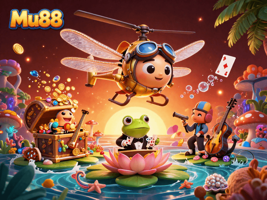 Join the thrilling world of Mu88 in this vibrant, immersive casino scene featuring card dealers, musicians, and playful characters.