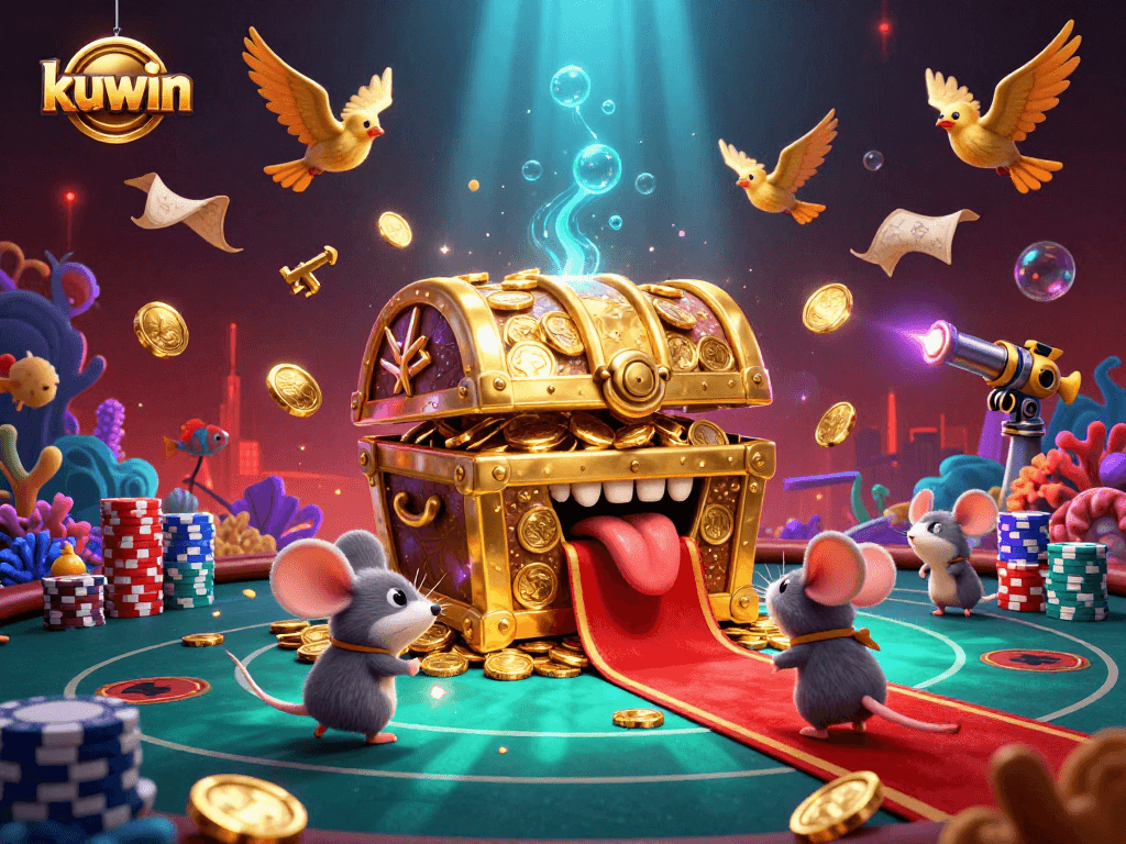 Kuwin's treasure chest lures adventurer mice with vibrant fish shooting game elements and poker chips.