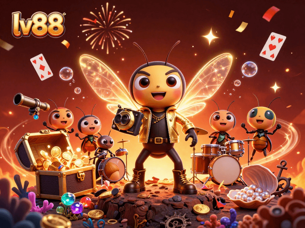 lv88 players celebrate big wins with vibrant casino-themed illustration featuring game elements and energetic characters.