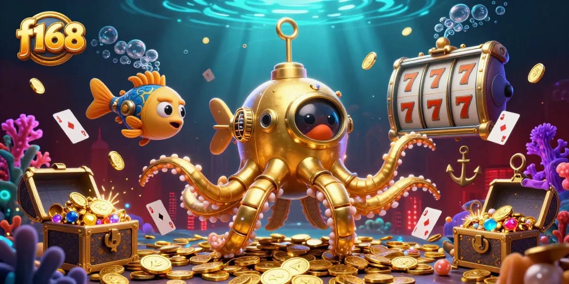 Engage with f168's lively underwater casino, featuring a golden kraken submarine with treasure and games.