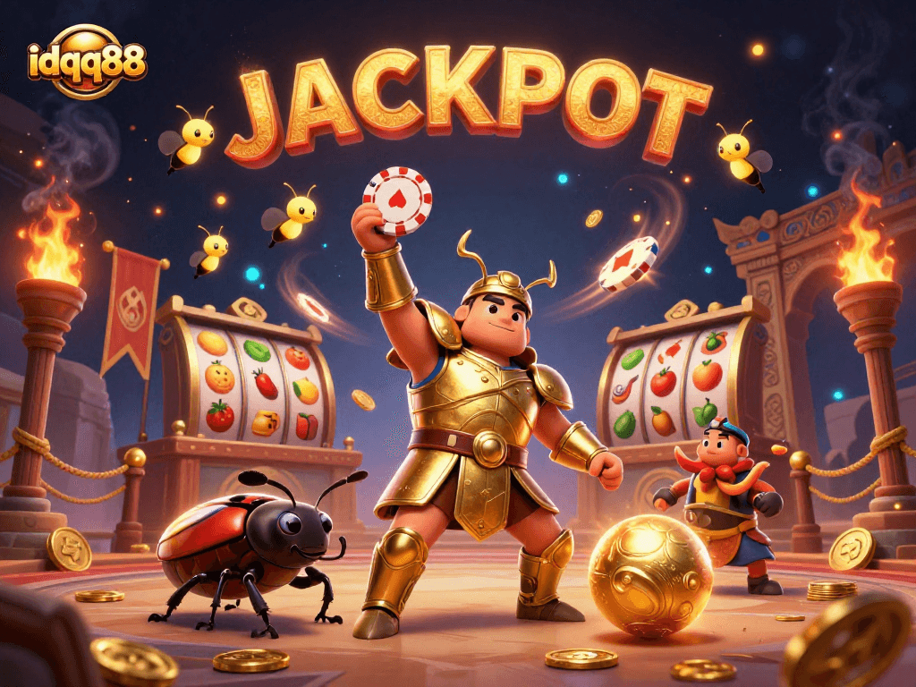 Experience the thrill of idqq88 gambling with characters winning a jackpot in a dynamic casino scene.