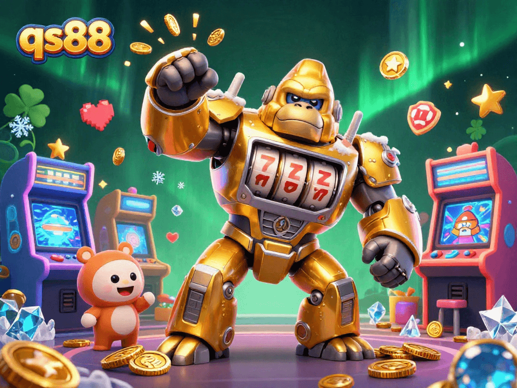 Engage in thrilling gaming with qs88 as a golden gorilla mech unleashes coins and excitement!