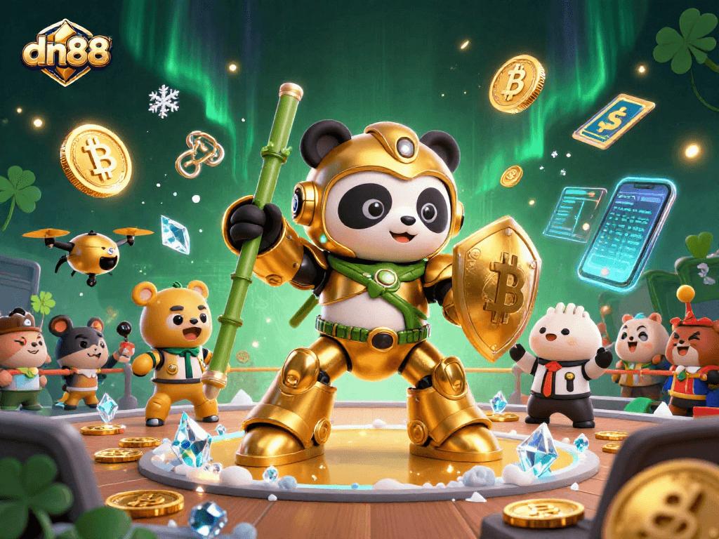 Experience thrilling action at dn88 as a golden panda battles in a mech suit surrounded by vibrant gaming elements.