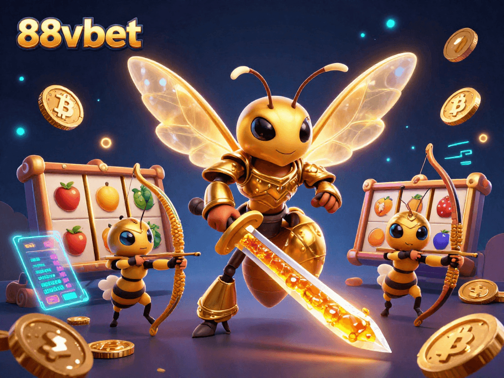 Engage with 88vbet's dynamic casino scene featuring vivid characters and glowing gambling elements.