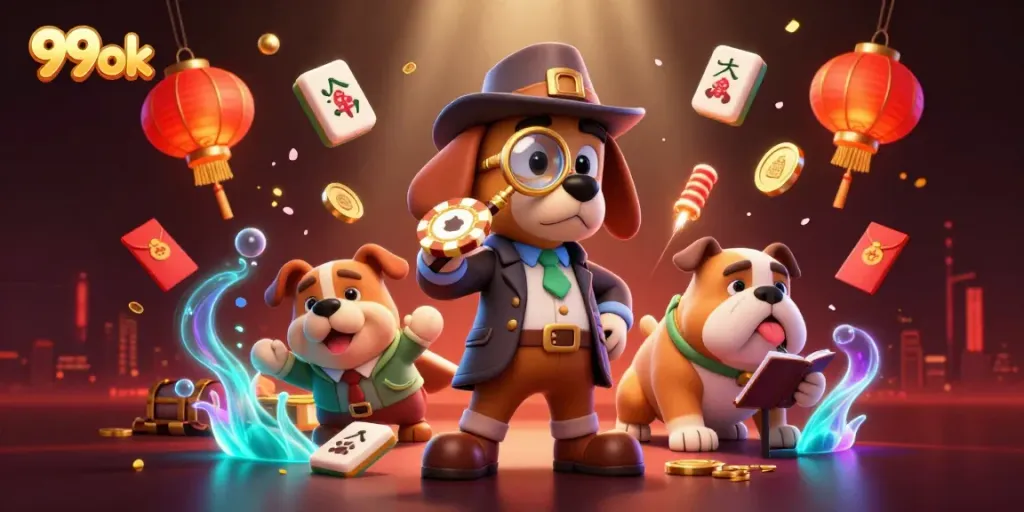 Engage with 99ok's thrilling atmosphere, where a detective and a bulldog reveal poker secrets in a vibrant casino scene.