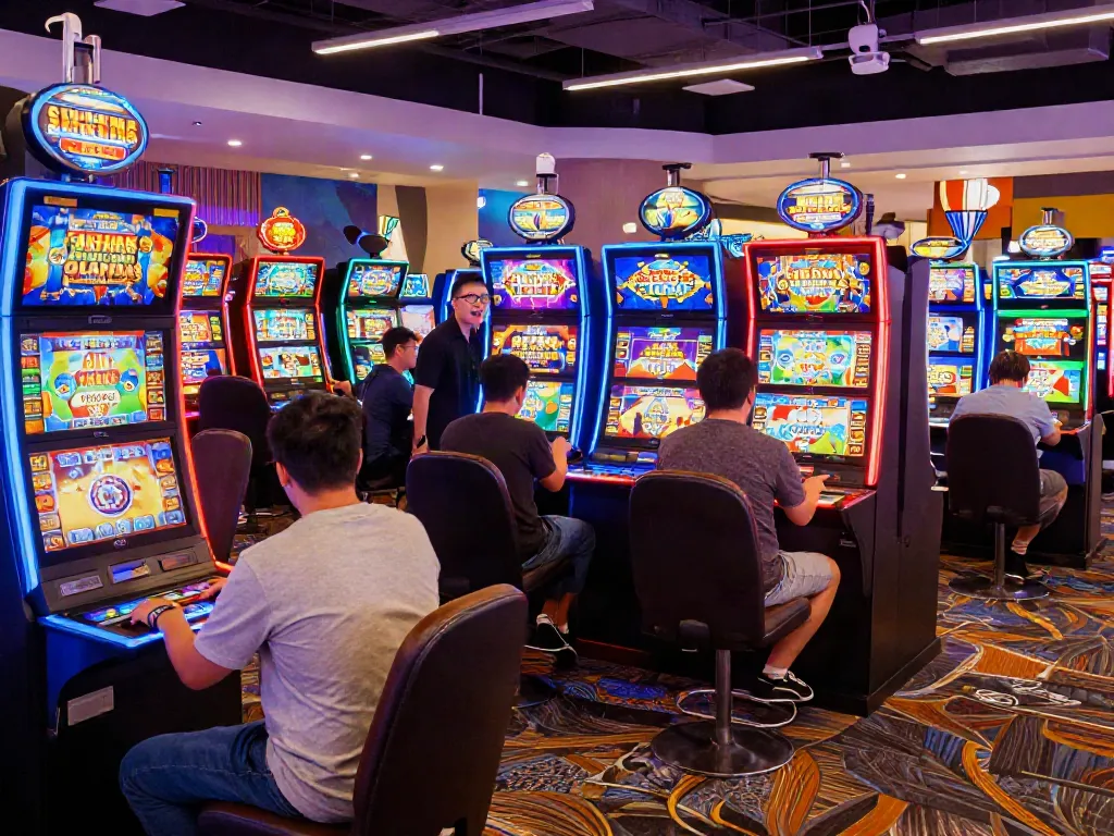 Exciting gaming atmosphere at i24Slots Casino with players enjoying top slot machines.