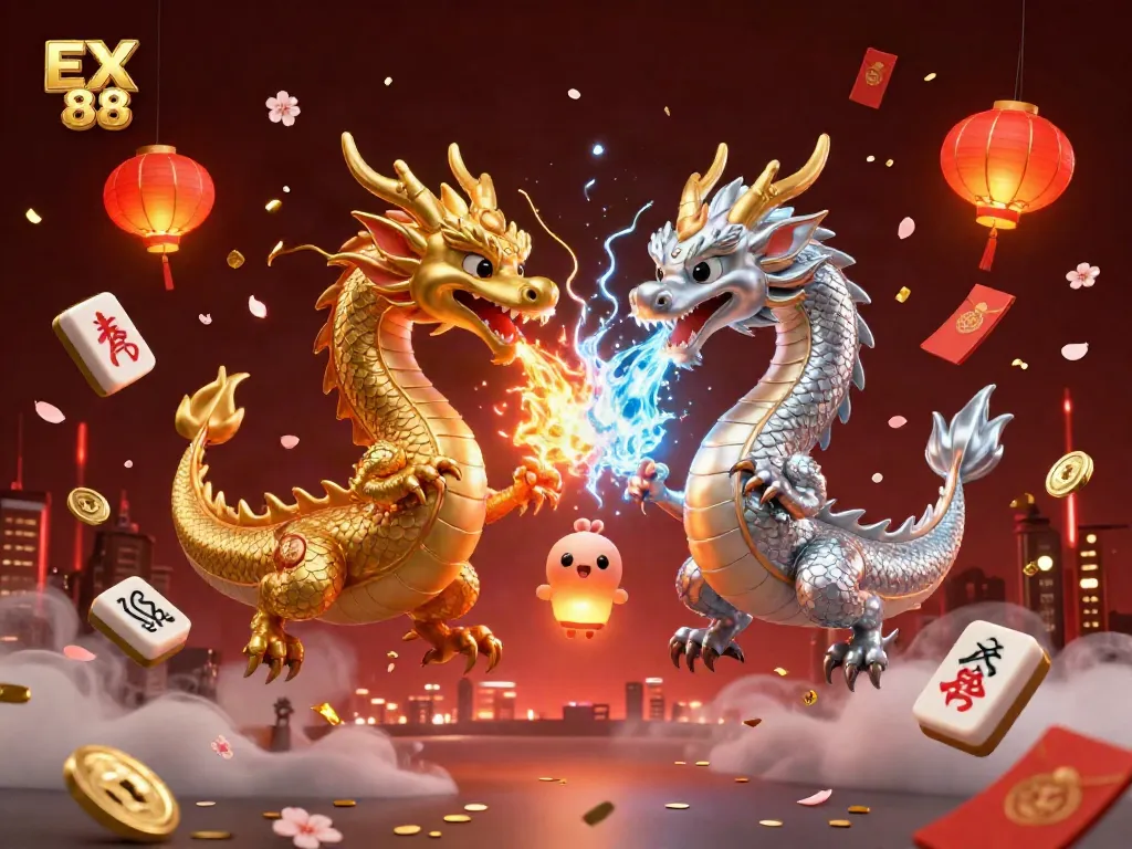 Experience the magic of EX 88 with twin dragons battling flame and ice in a vibrant casino scene.