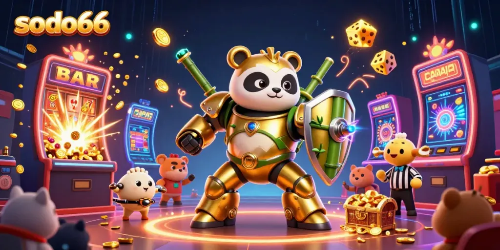 Experience thrilling casino action with sodo66's vibrant 3D illustration showcasing a golden panda mech in a dynamic gaming scene.