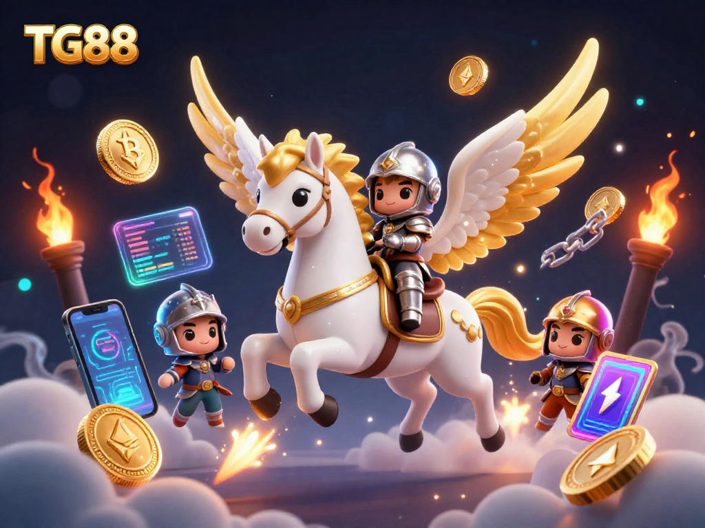 Engage with TG88's lively 3D casino adventure featuring a celestial horse and knight in a vibrant universe.