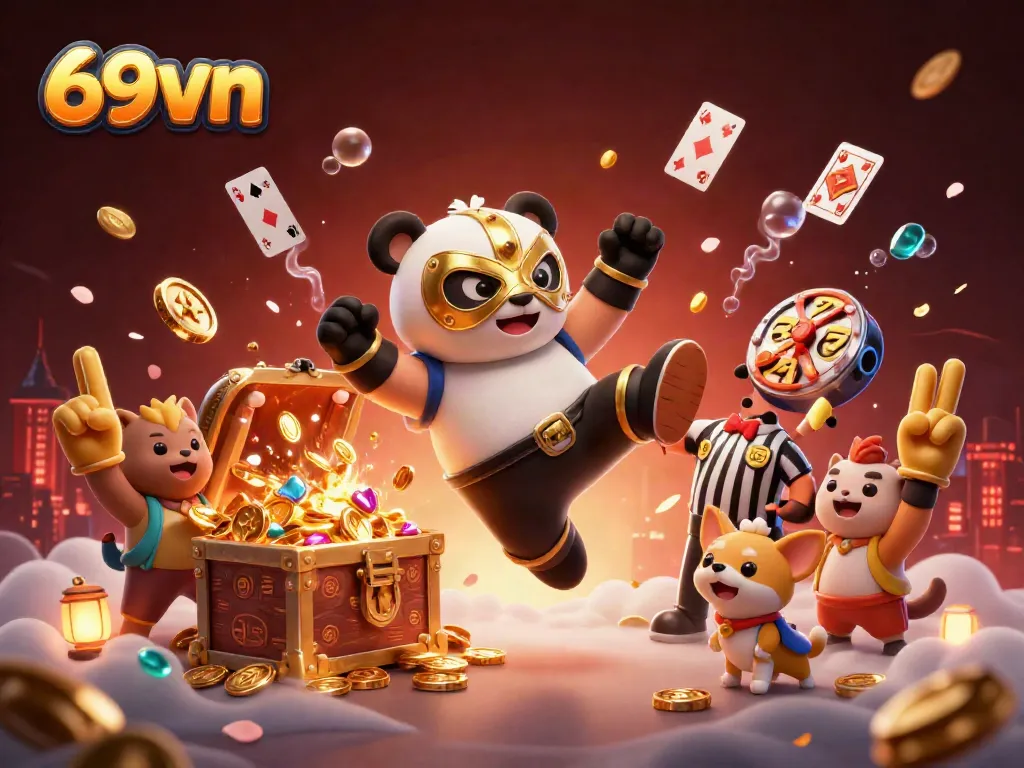 Experience the excitement of 69vn with a dynamic scene featuring a panda wrestler kicking, surrounded by casino elements.