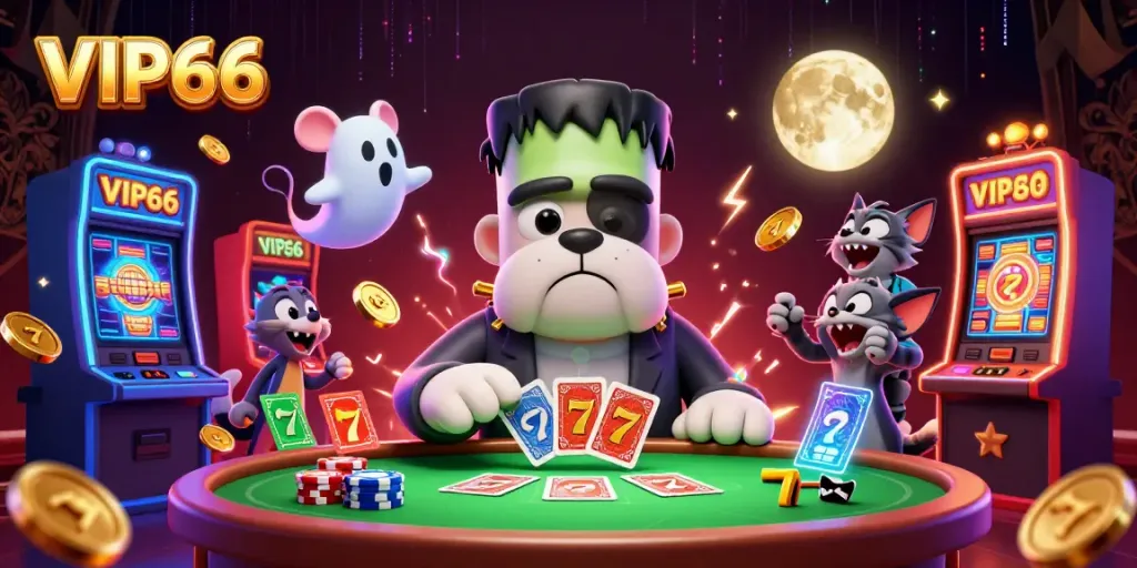 VIP66 showcases a dynamic casino scene where a Frankenstein bulldog deals cards with vibrant slot machines and flying coins.
