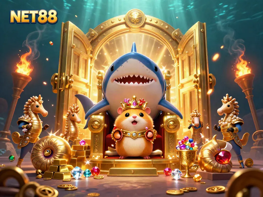 Experience the thrilling world of NET88 with a cartoon-themed casino scene featuring majestic characters and treasures.