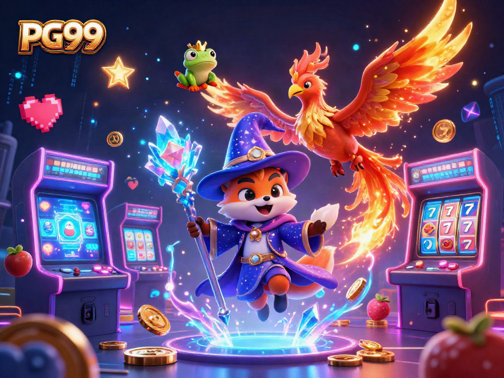 Experience PG99's captivating gaming atmosphere with a wizard fox, phoenix, and rich casino elements.