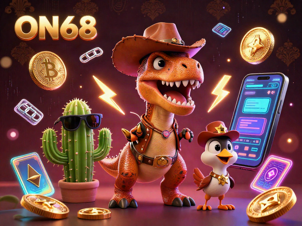 Engage in thrilling gameplay with ON68's vibrant casino scene featuring T-Rex and crypto elements.