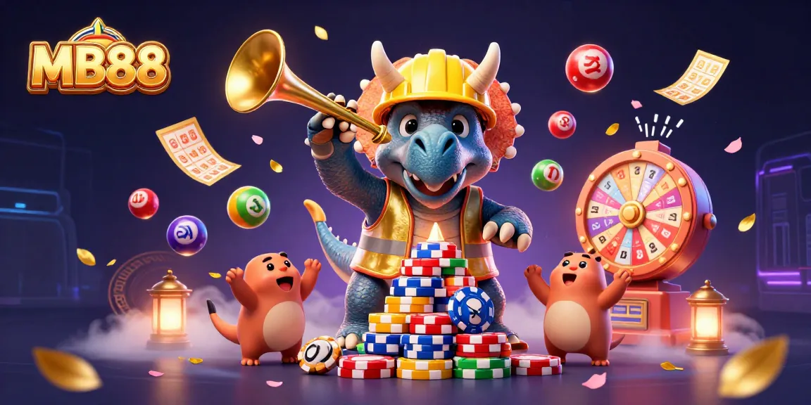 Experience the excitement of MB88 with vibrant casino elements and lively characters in a festive atmosphere.