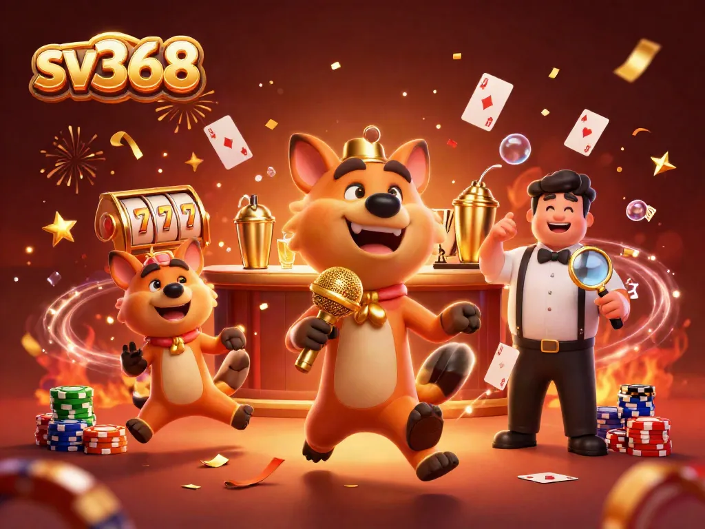 Engaging sv368 online casino scene with hyenas as entertainers and vibrant game elements.