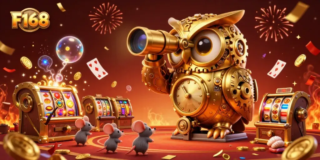 Experience the excitement of F168 with a vibrant casino floor scene featuring a golden owl and animated mice.