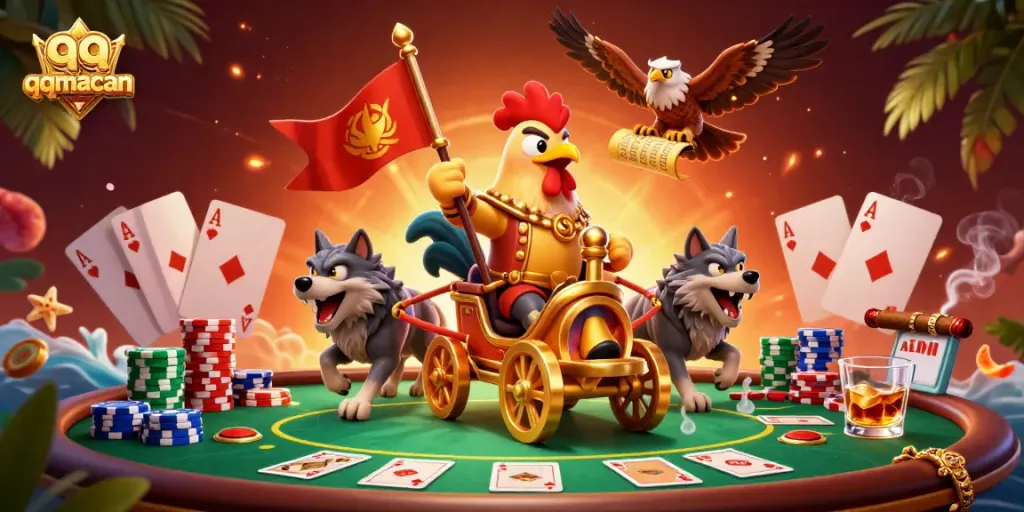 Experience the thrill of gambling with qqmacan in a vibrant 3D casino scene featuring a rooster warlord.