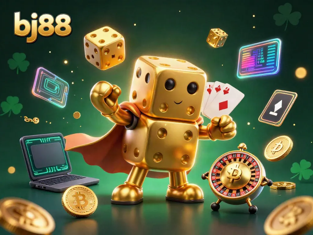 Experience thrilling moments at bj88 with a dynamic scene featuring golden dice and blockchain elements.