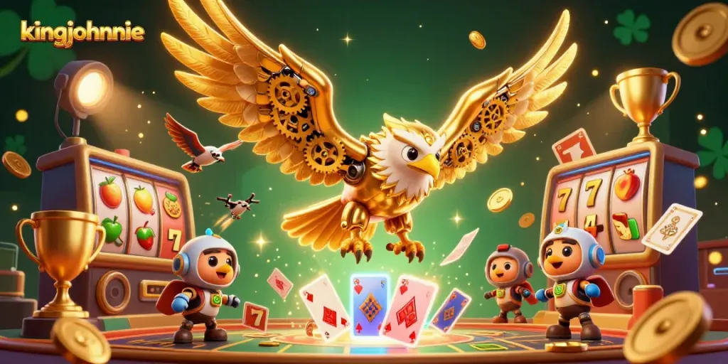 Experience thrilling moments with kingjohnnie in this vibrant 3D casino scene featuring slot reels and animated game elements.