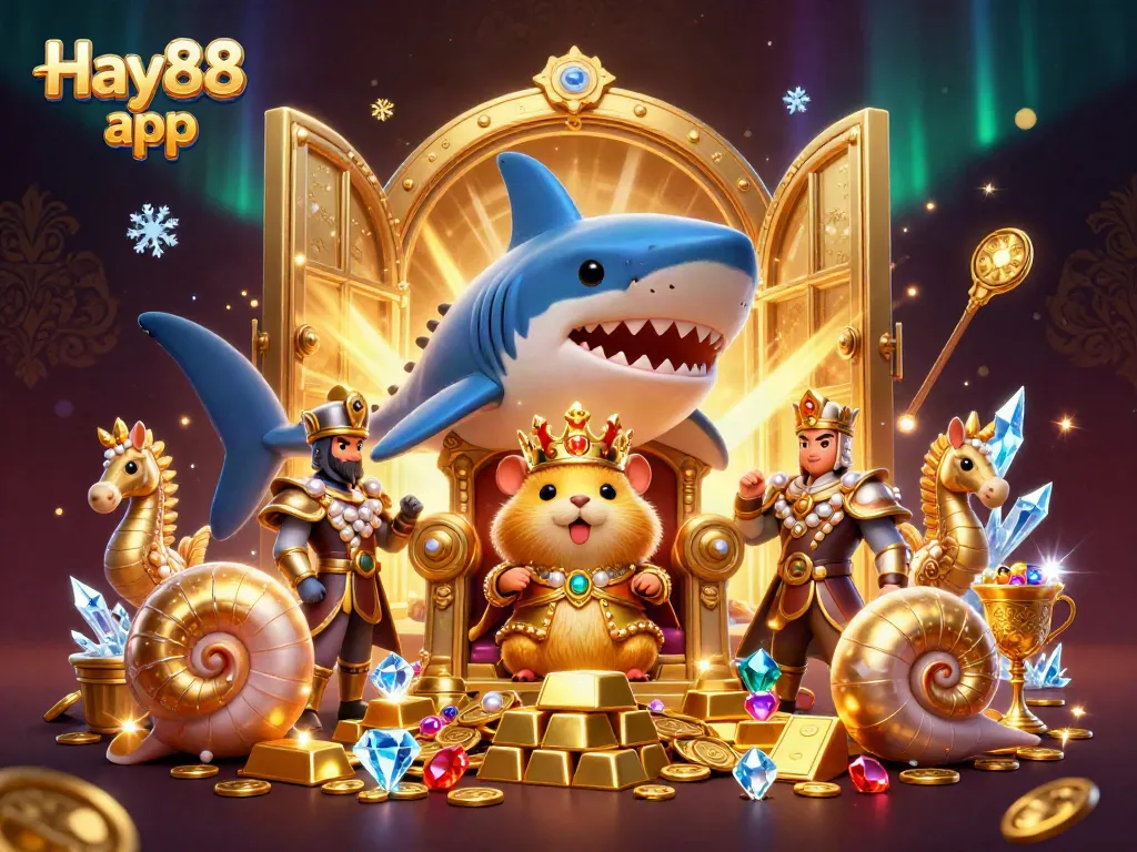 Experience the vibrant excitement of the Hay88 app with a cartoon scene depicting a golden hamster king and treasure.
