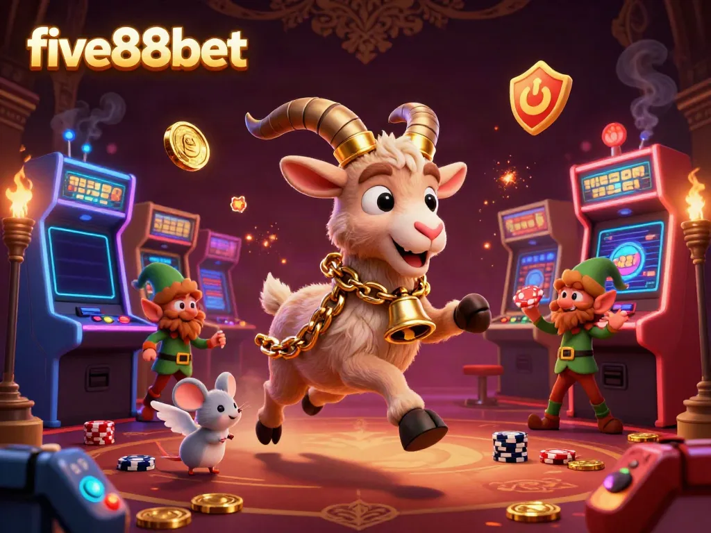 Experience the festive spirit of five88bet as a Krampus goat runs a lively casino scene with playful characters.