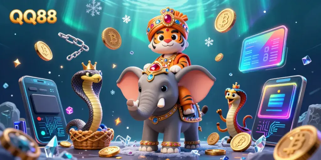 Engage with QQ88's vibrant adventure featuring a cartoon maharaja, elephant, and crypto coins.