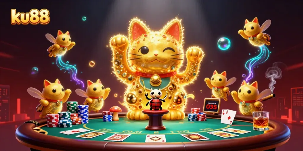Play with ku88 at an exciting casino scene filled with vibrant animations and elements!