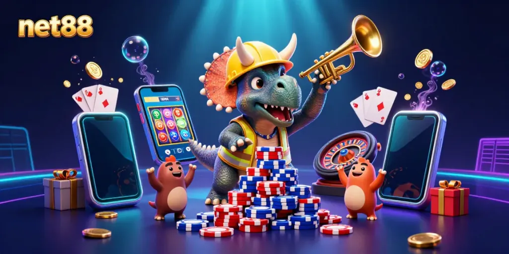 Join the excitement at net88 as a 3D triceratops builds poker chip towers in a vibrant casino scene.