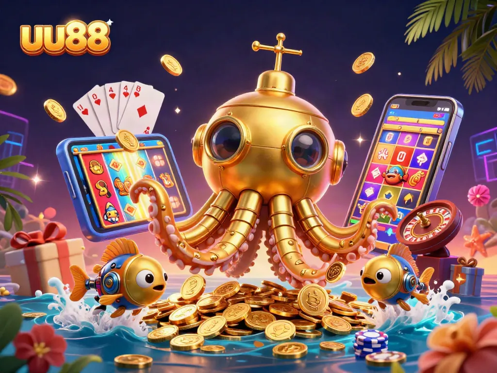 Spin the reels with uu88 in this lively 3D casino scene featuring golden coins and slot games.
