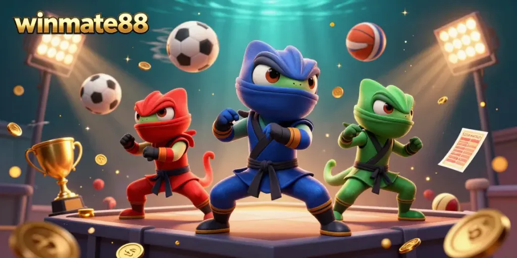 Join the excitement at winmate88 with vibrant ninja chameleons in a thrilling casino atmosphere.