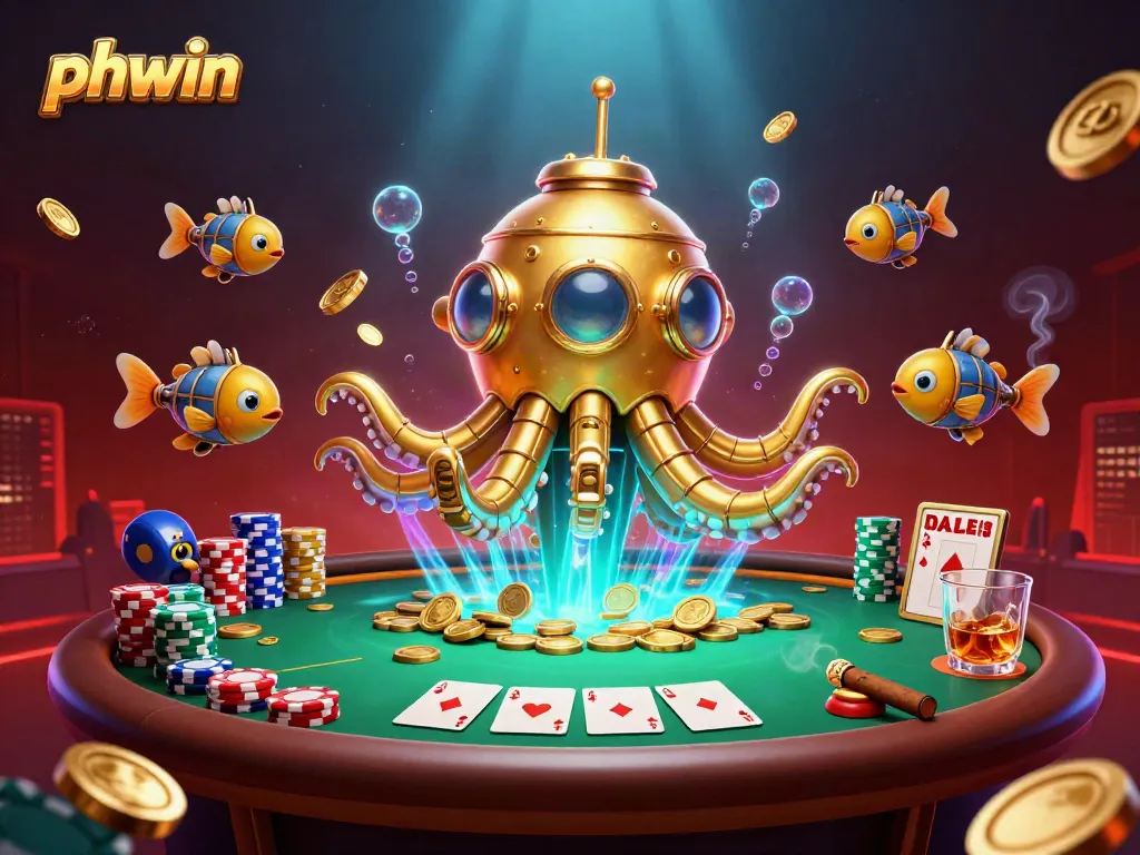 Experience thrilling gaming adventures at phwin with a golden kraken submarine amidst poker chips and cards