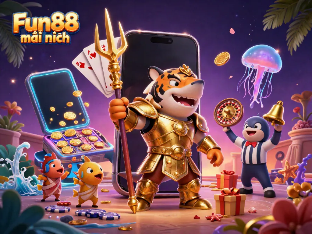Win big at Fun88 mới nhất with a vibrant underwater casino scene featuring a tiger shark!