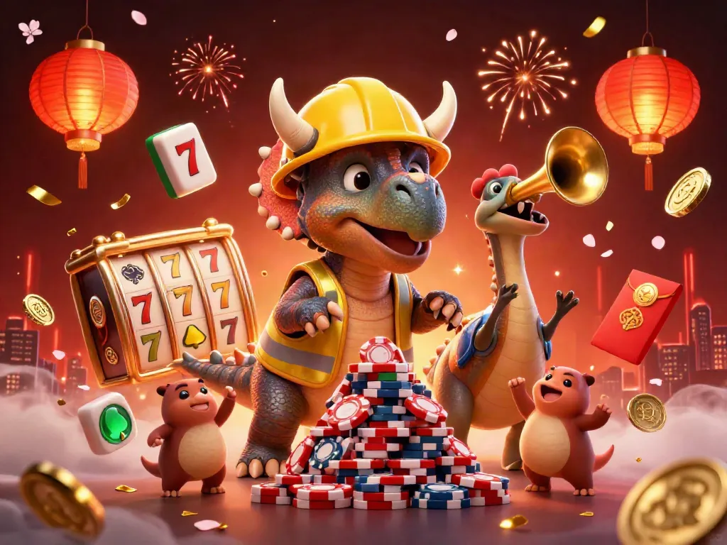 Join the celebration at thabet with a triceratops building a poker chip pyramid in this dynamic casino illustration.