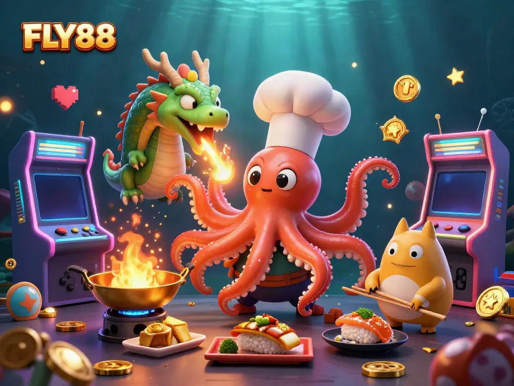 FLY88's vibrant casino scene showcasing a sushi chef octopus with a dragon companion cooking golden dishes amidst colorful game elements.