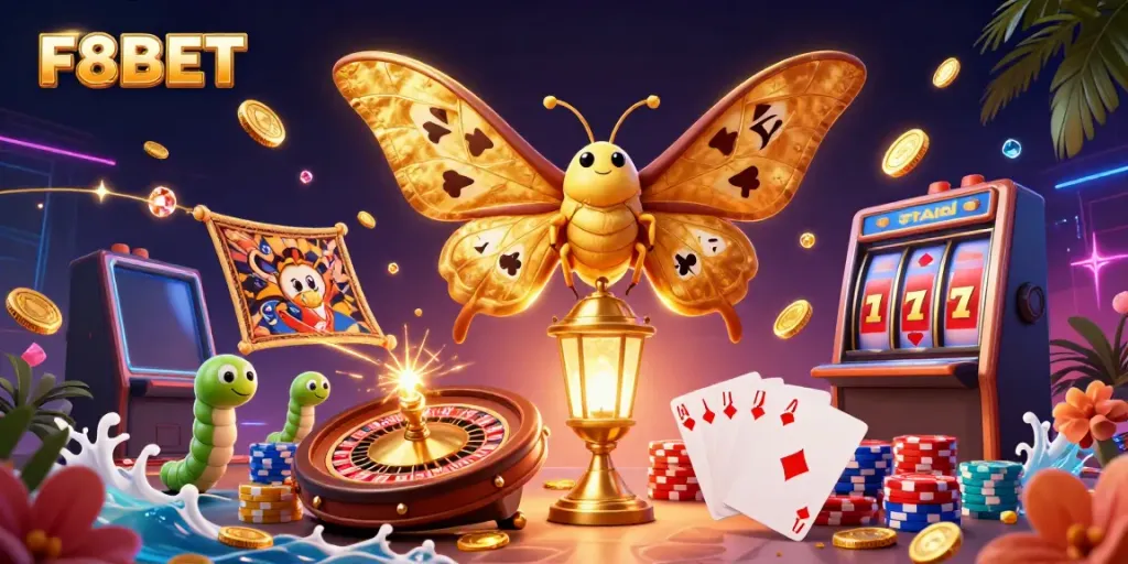 F8BET showcases exhilarating casino adventures with a vibrant 3D moth and dynamic games in action.