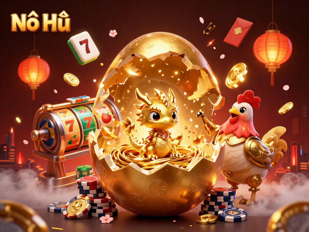 Nổ Hũ introduces a captivating casino scene featuring a golden dragon, poker chips, and vibrant slot reels.