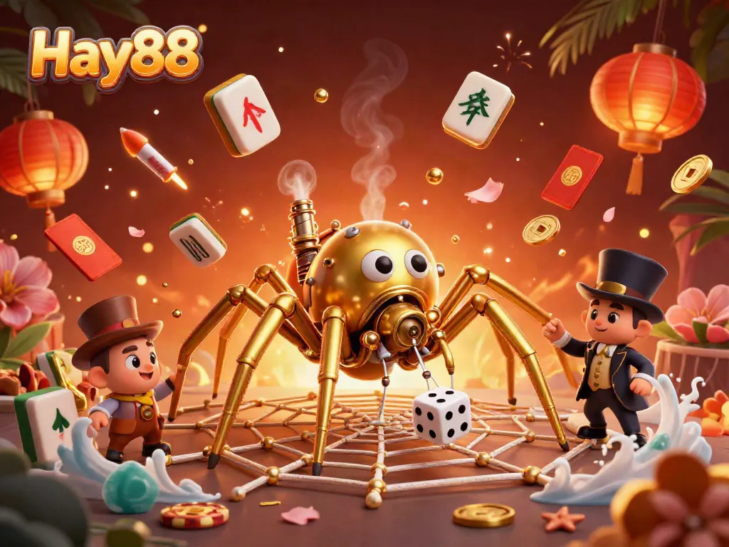 Enjoy the immersive Hay88 experience with a whimsical steampunk spider capturing dice, surrounded by vibrant casino elements.