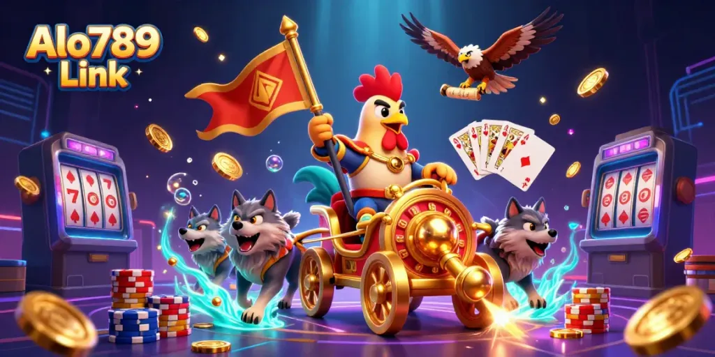 Watch the excitement unfold with the Alo789 Link featuring a rooster warlord commanding golden chariot action.