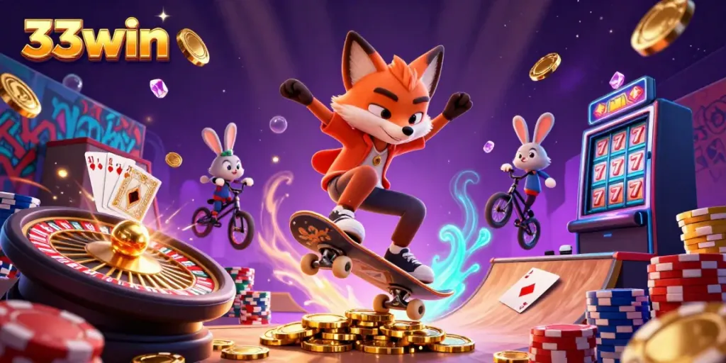 33win celebrates with a lively scene of a skateboarder fox and BMX rabbit in a vibrant casino environment.