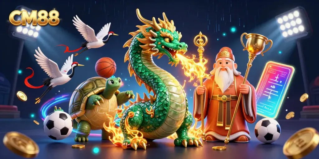 Experience the thrill of CM88 with its dynamic dragon and wise turtle amidst vibrant sports elements.