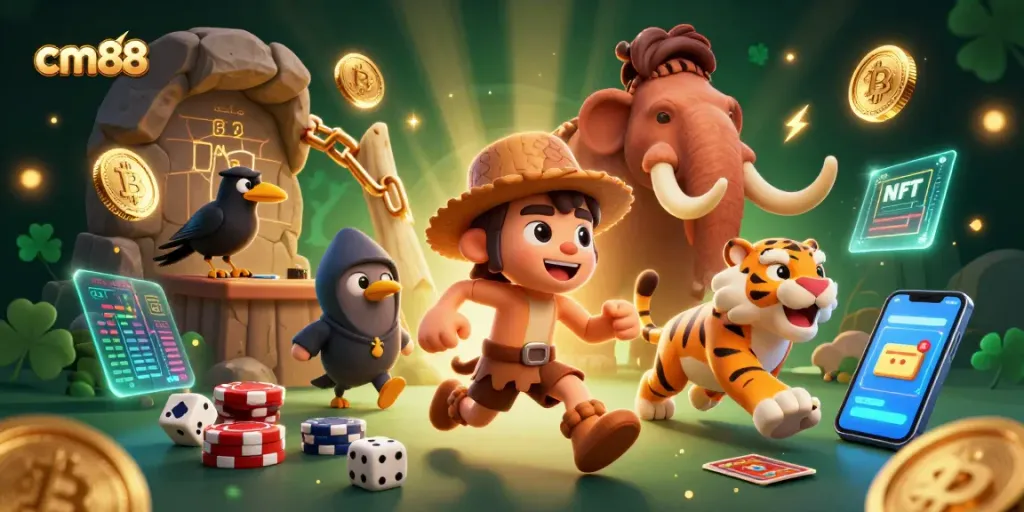 Experience thrilling gameplay at cm88 with a vibrant prehistoric casino scene featuring animated characters and dynamic elements.