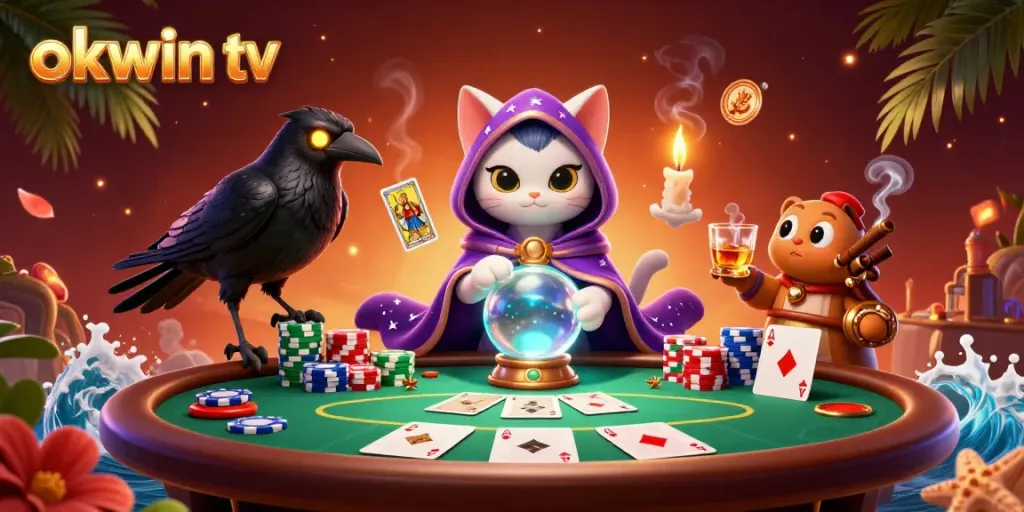 Experience the fun of okwin tv with a mystical cat and a raven at a vibrant casino.