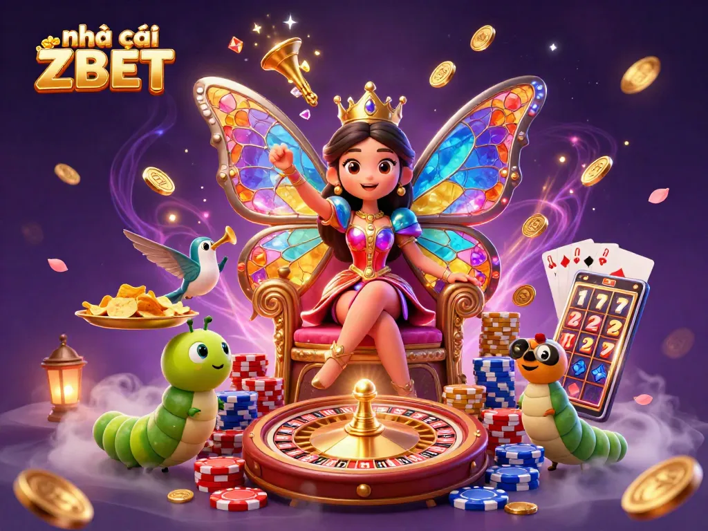 Play slots at nhà cái ZBET with vibrant casino elements featuring a butterfly queen.