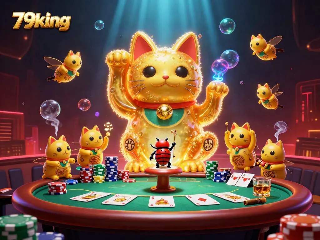 Experience the excitement of 79king with vibrant casino symbols and a charming lucky cat.