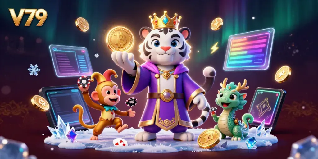 Experience the excitement of V79 with a vibrant casino scene featuring a white tiger, golden monkey, and jade dragon surrounded by crypto elements.