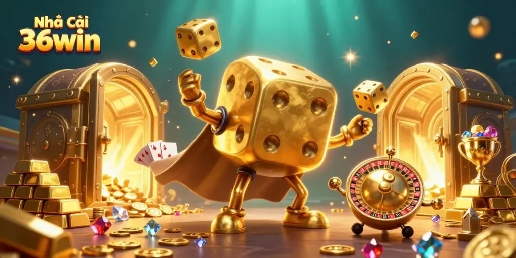 Visualize thrill with Nhà cái 36win, showcasing an exciting scene of 3D characters juggling dice amidst a treasure vault.