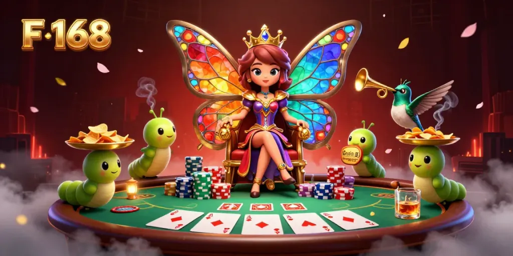 A colorful and dynamic illustration of a butterfly queen representing F 168, surrounded by casino game elements, including poker chips and community cards.