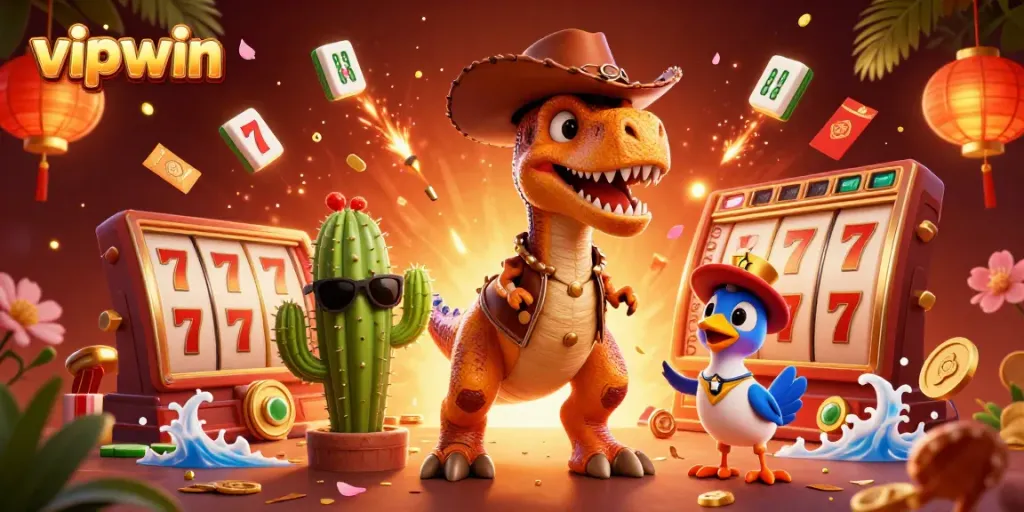 Experience thrilling gameplay with vipwin’s colorful characters amidst casino elements and vibrant visuals.